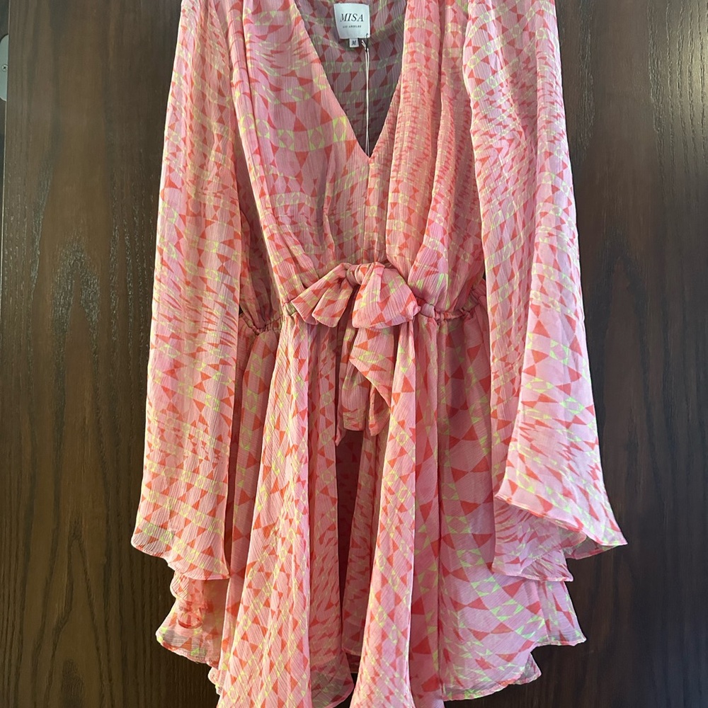 Misa Los Angeles Pink & Yellow Long Sleeve Kaia Dress Septima Geometric Pattern